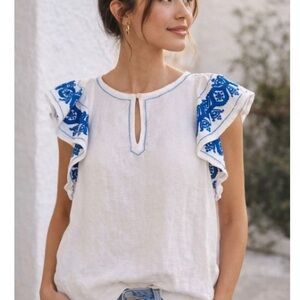 J.Crew White Blue Embroidered Linen Flutter Sleeve Top Sz XS Boho Coastal Greece